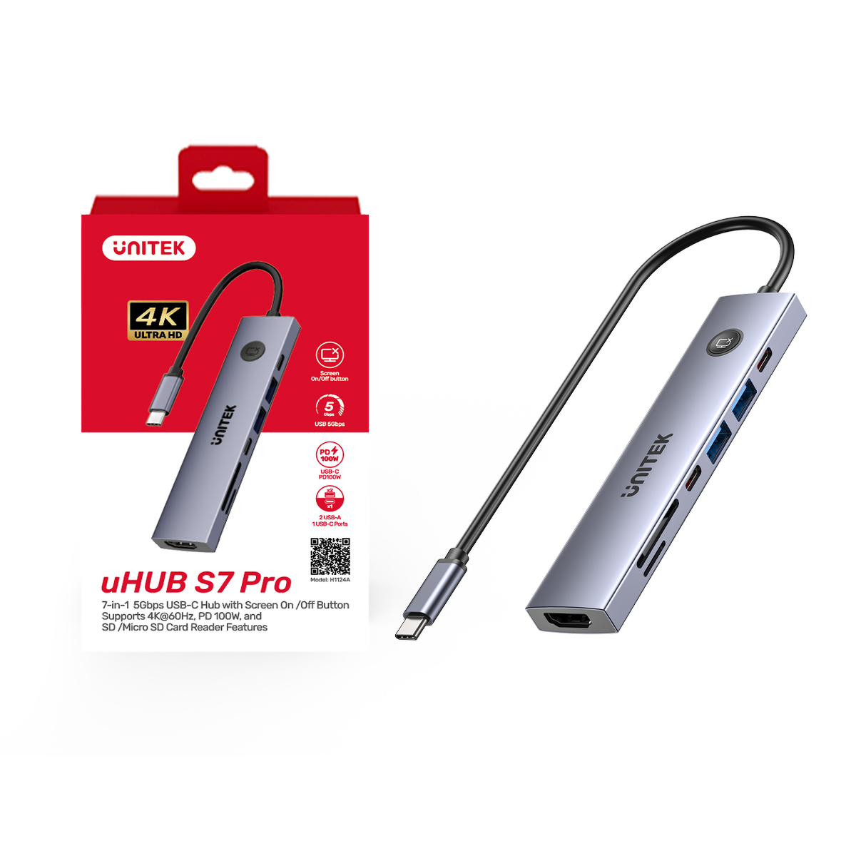 Unitek Hub USB-C 7w1 4K@60Hz, PD 100W i przycisk HDMI On/Off