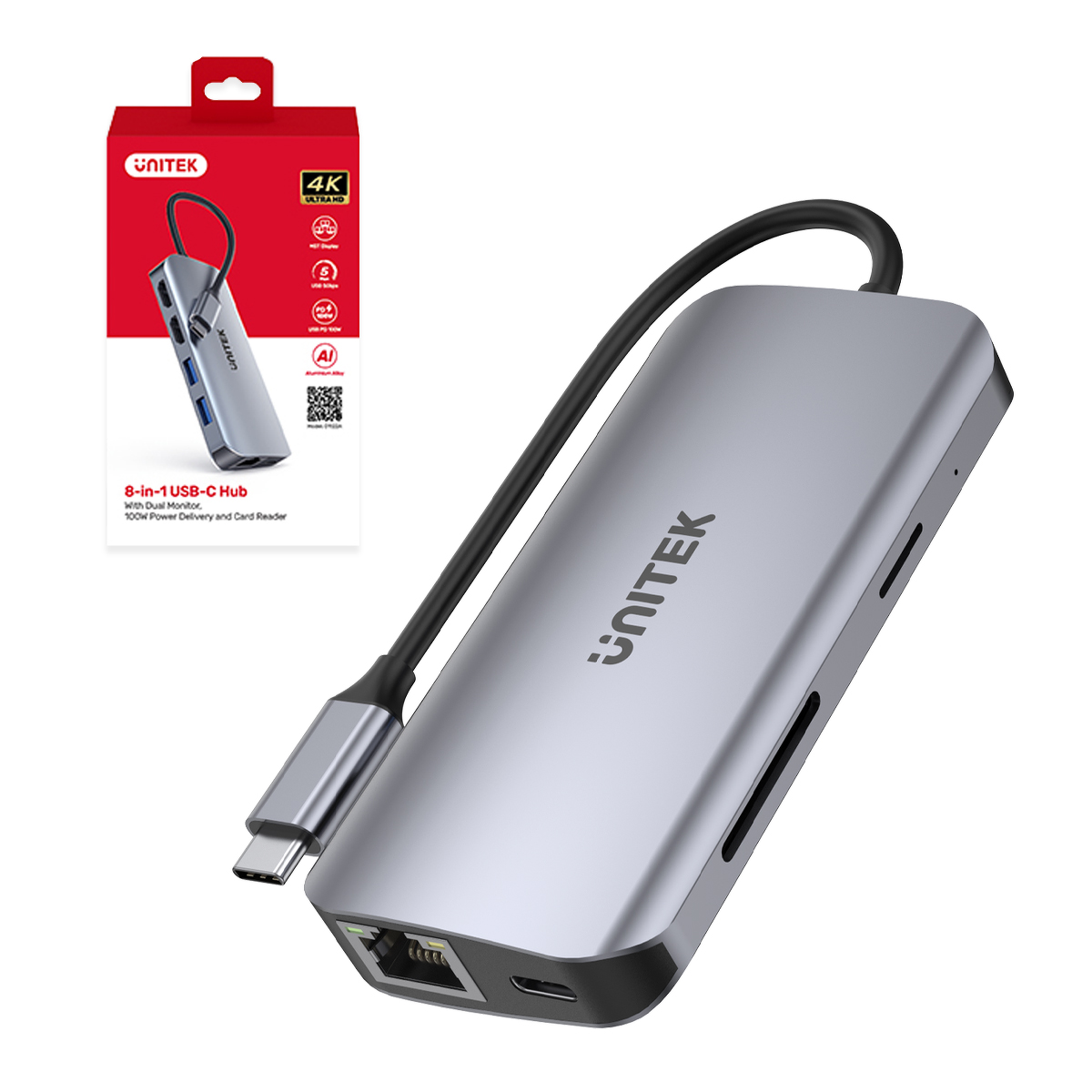 Unitek Aktywny hub USB-C 5Gbps, 2x HDMI 4K, czytnik kart, RJ-45, PD 100W