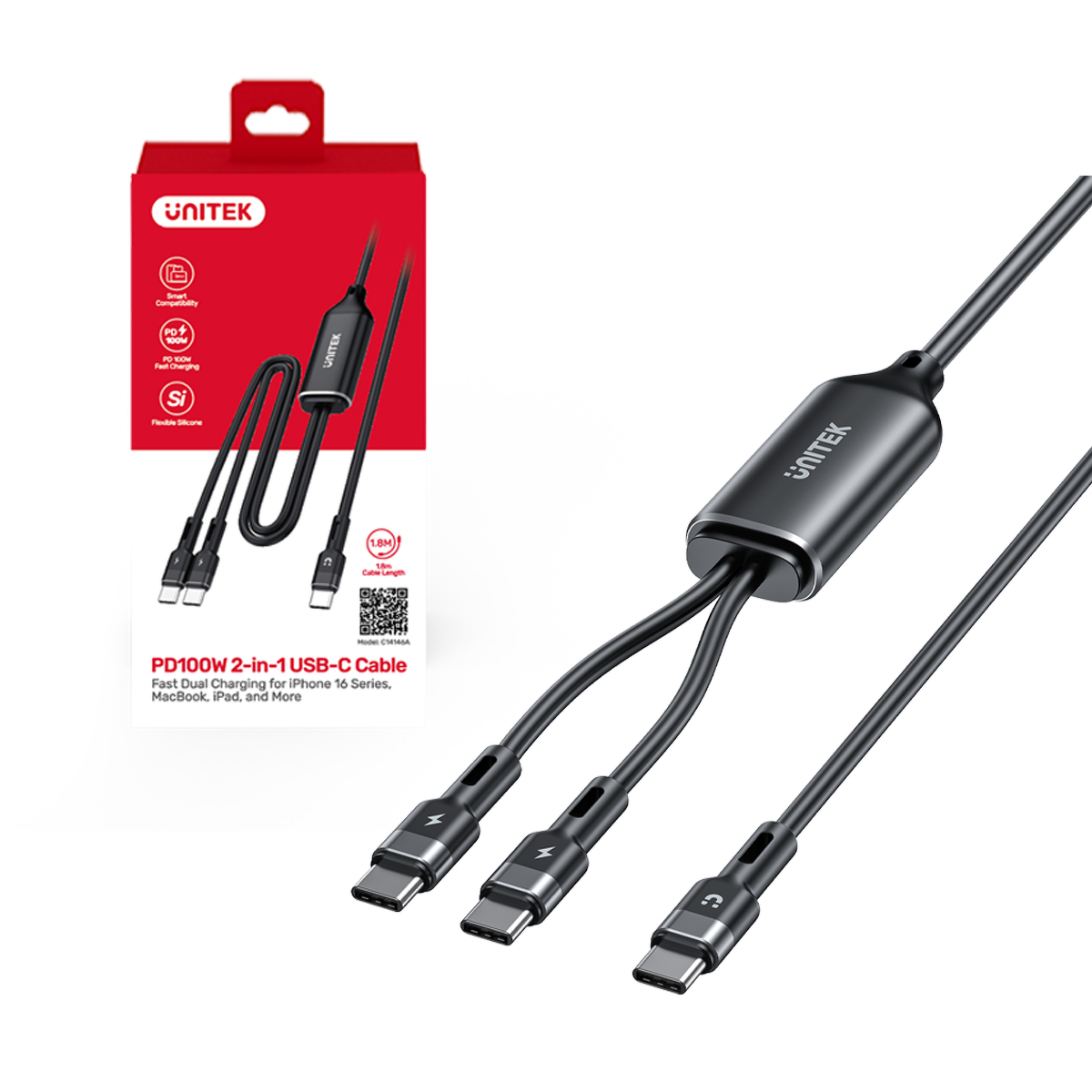 Unitek Kabel 2w1 USB-C PD 100W silikonowy 1,8 m