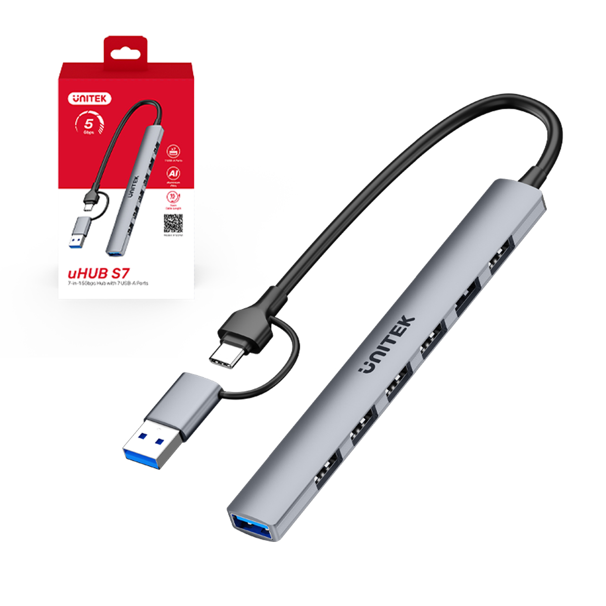 Unitek Hub USB-A/C 7w1 USB A z adapterem USB A 5 Gbps