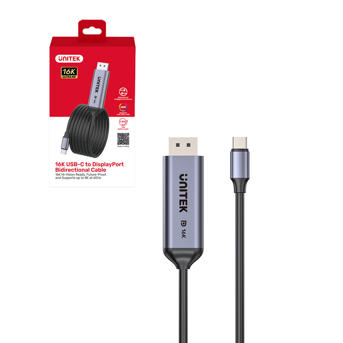 Unitek Dwukierunkowy kabel USB-C - DisplayPort 16K | 80Gbps | HDR| 1,8m