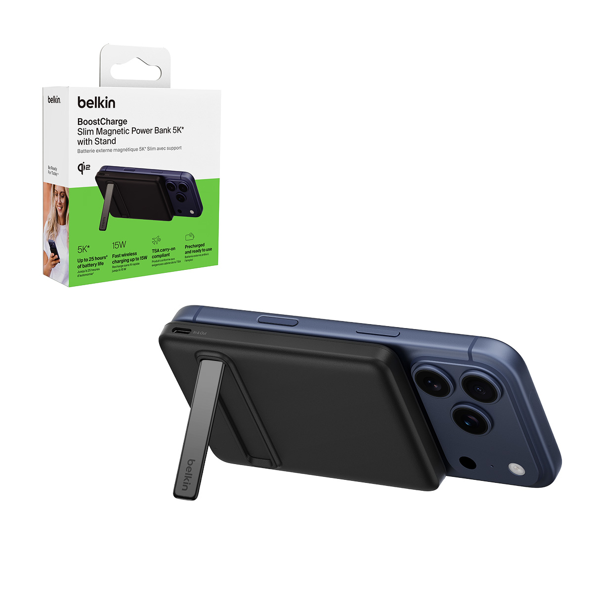 Belkin BoostCharge Powerbank 5000 mAh, Qi2 15W, z podstawką, czarny