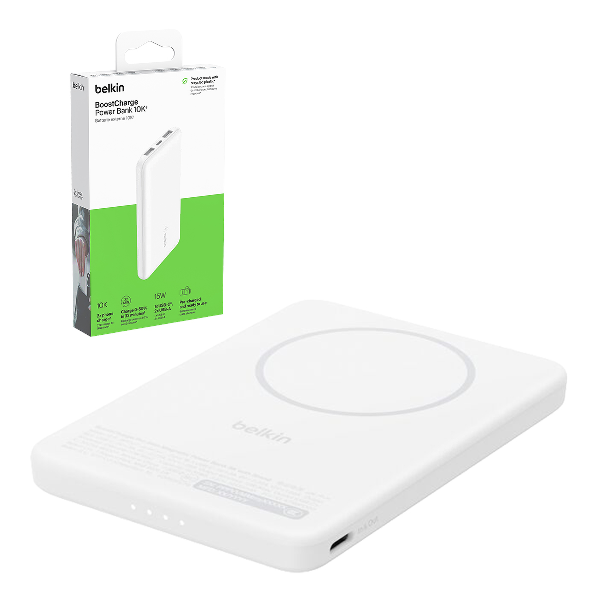 Belkin BoostCharge Powerbank 5000 mAh, Qi2 15W, z podstawką, biały