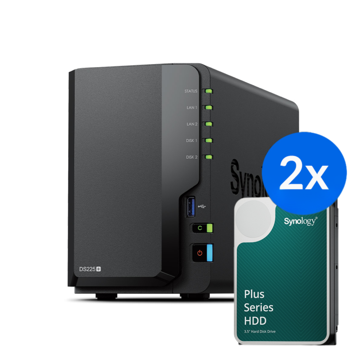 Synology DS225+ /24T | 2-zatokowy serwer NAS w zestawie z dyskami o łącznej pojemności 24TB, Tower