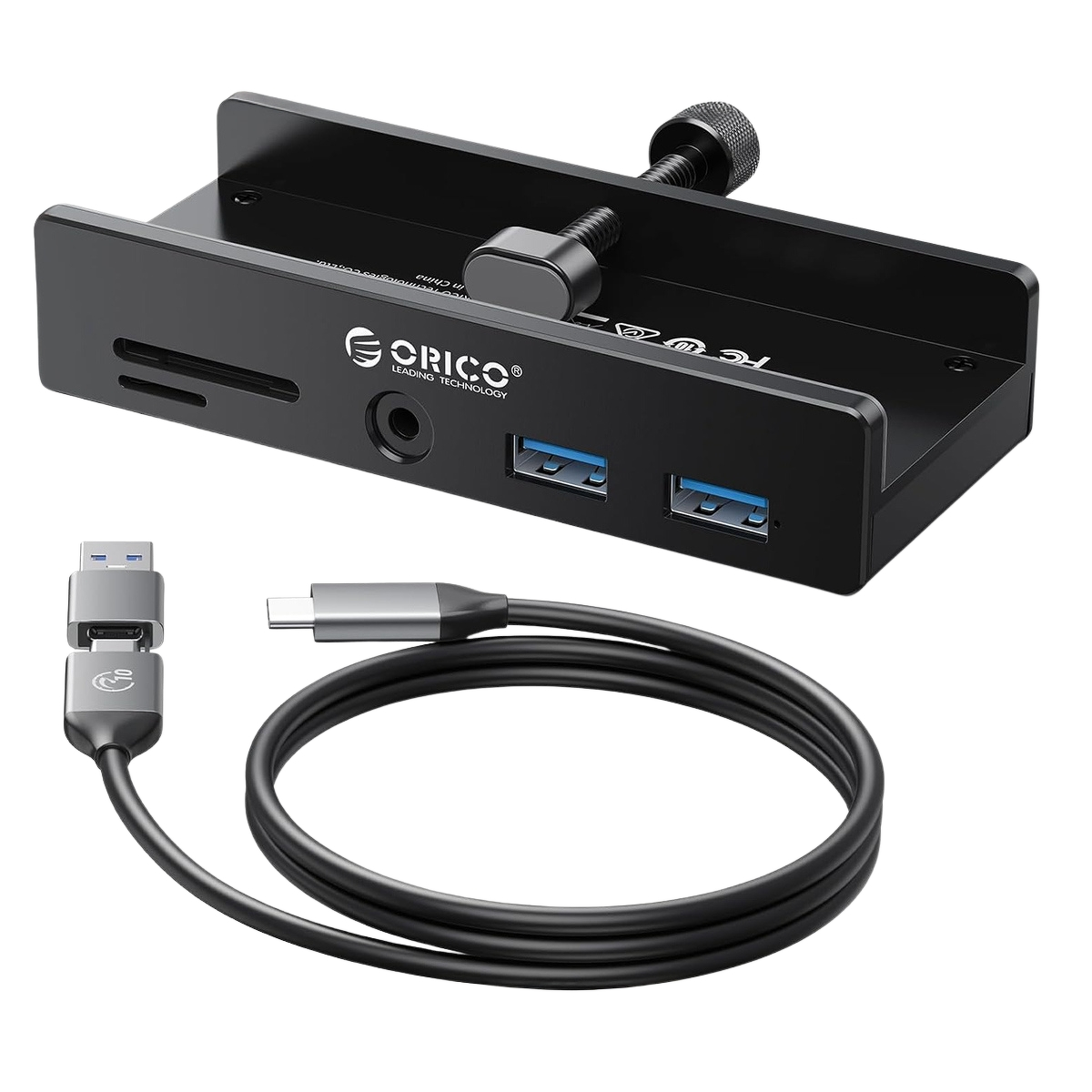 Orico Hub USB-C 5Gbps aktywny, przykręcany, 2x USB-A, czytnik SD, minijack 3,5 mm, czarny