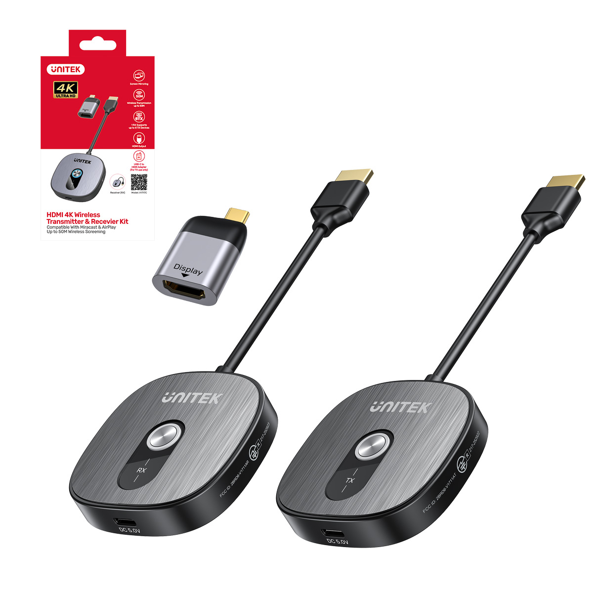 Unitek Bezprzewodowy odbiornik HDMI 4K@30Hz w zestawie z nadajnikiem i adapterem USB-C do HDMI