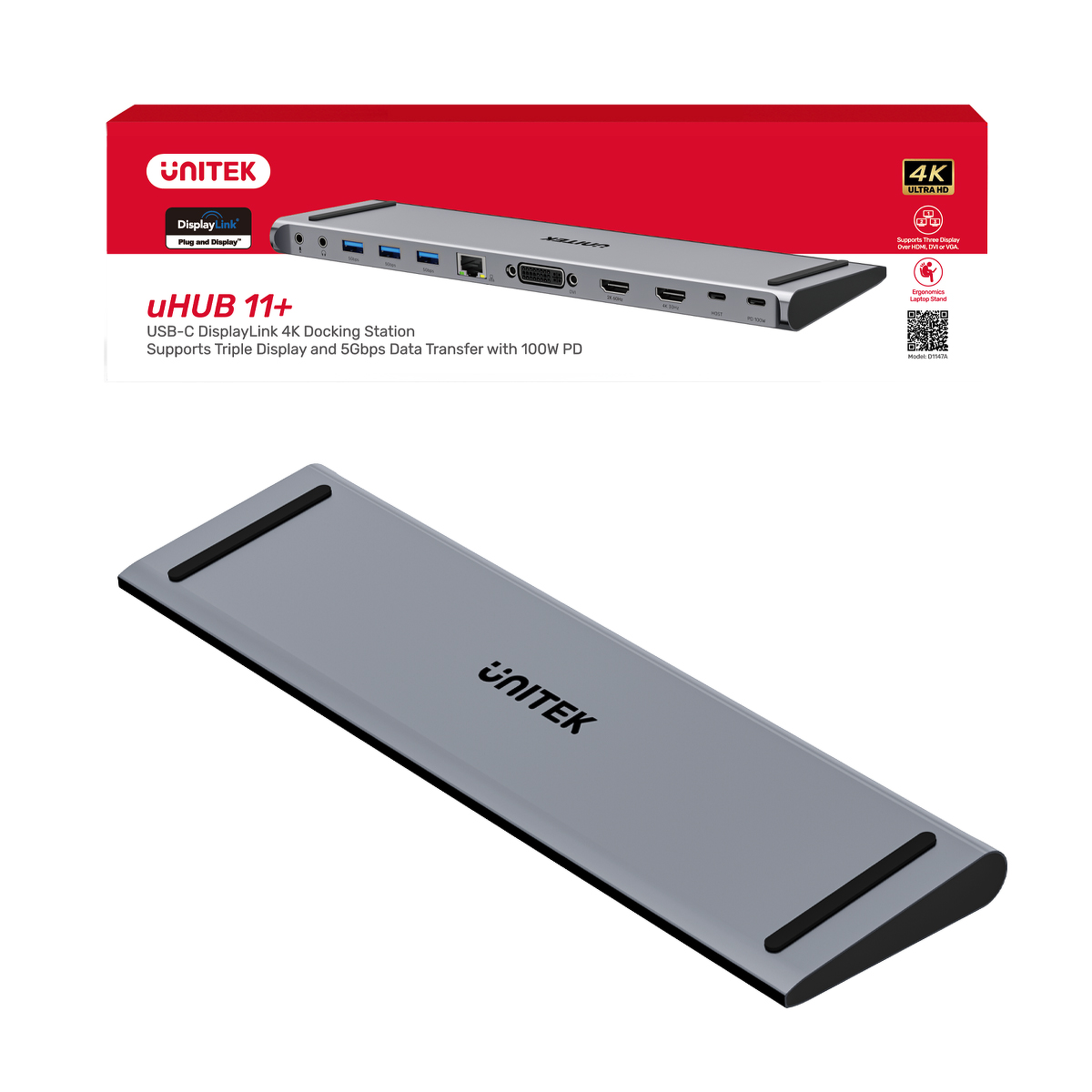 Unitek Stacja dokująca USB-C z DisplayLink 4K | 4K@30Hz | 5Gbps | PD 100W