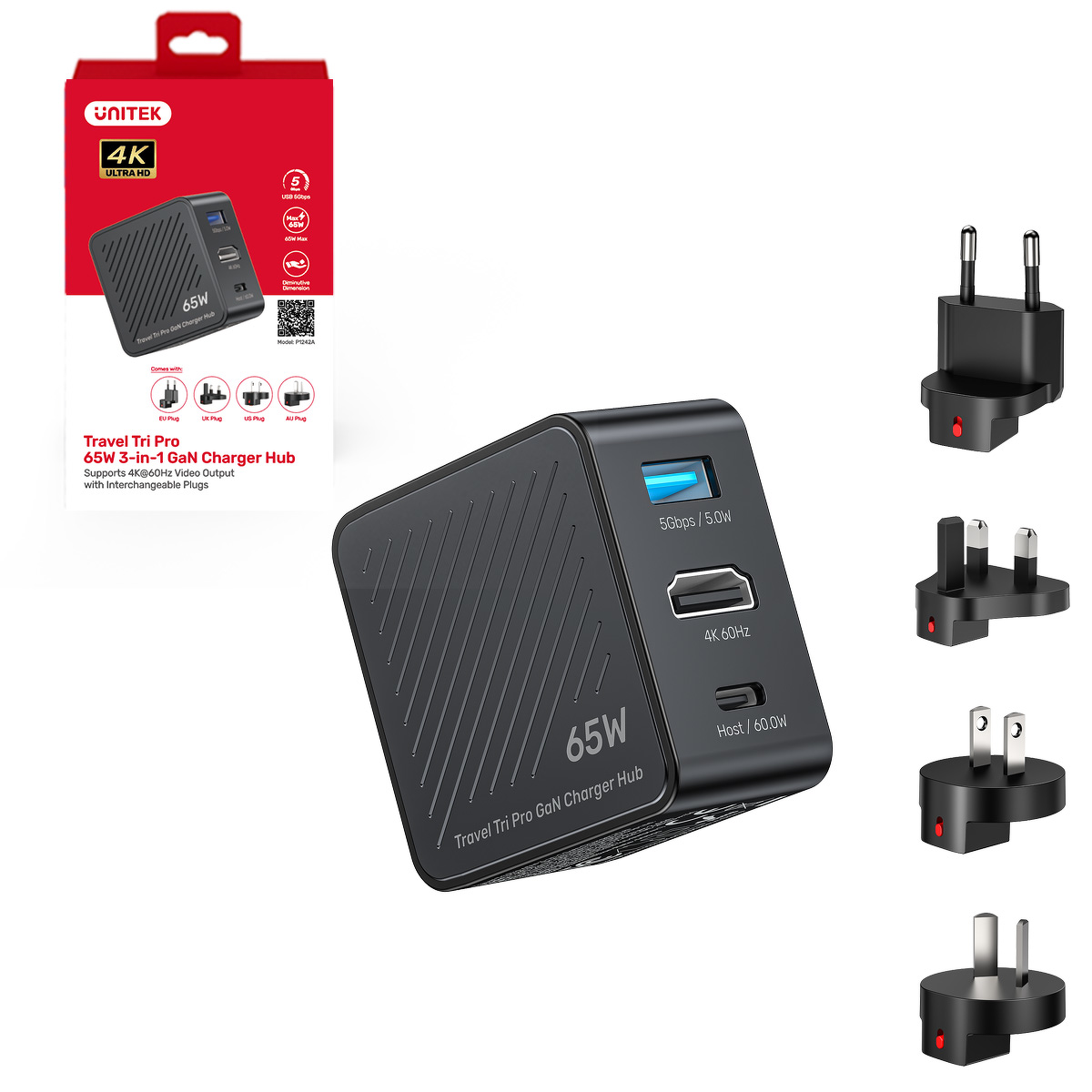 Unitek Ładowarka podróżna z hubem GaN 3-w-1 | 65W | 4K@60Hz | USB-A | HDMI | USB-C