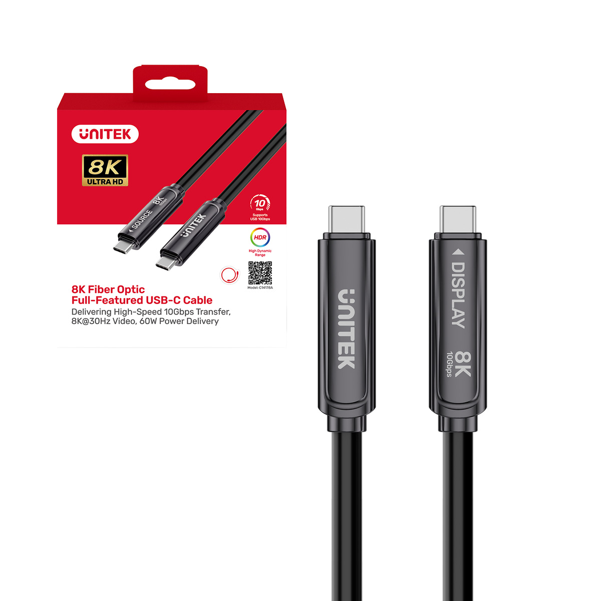 Unitek Kabel optyczny USB-C | 10Gbps | PD60W | 8K@30Hz | czarny, 15m
