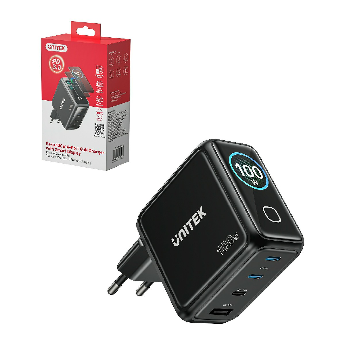 Unitek Ładowarka GaN z wyświetlaczem | 100W | 3xUSB-C | 1xUSB-A | PD3.0 | QC4.0