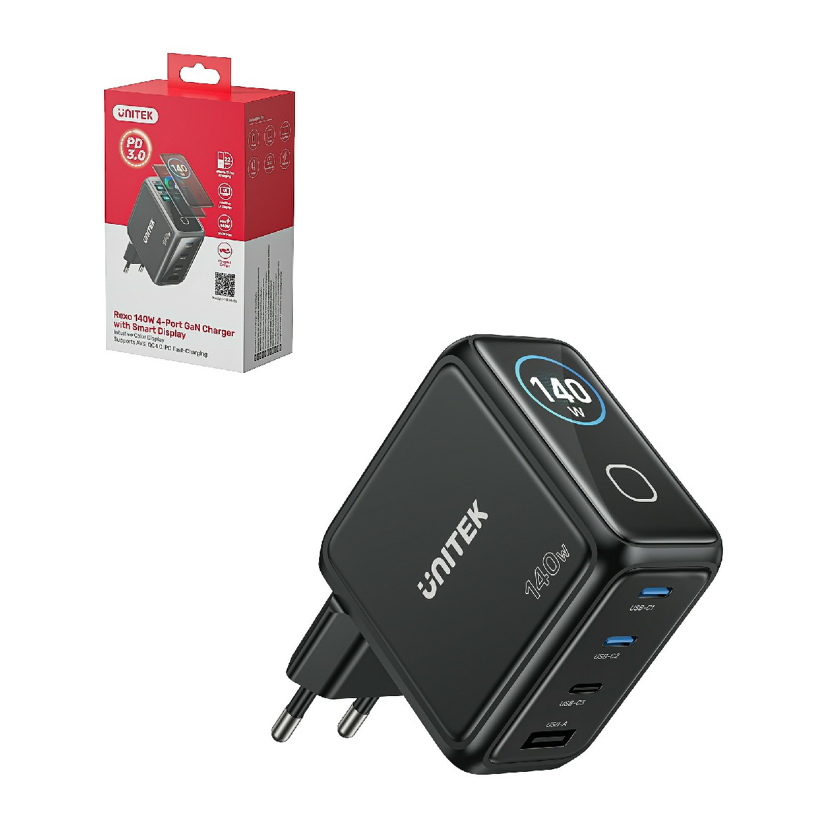 Unitek Ładowarka GaN z wyświetlaczem | 140W | 3xUSB-C | 1xUSB-A | PD3.0 | QC4.0