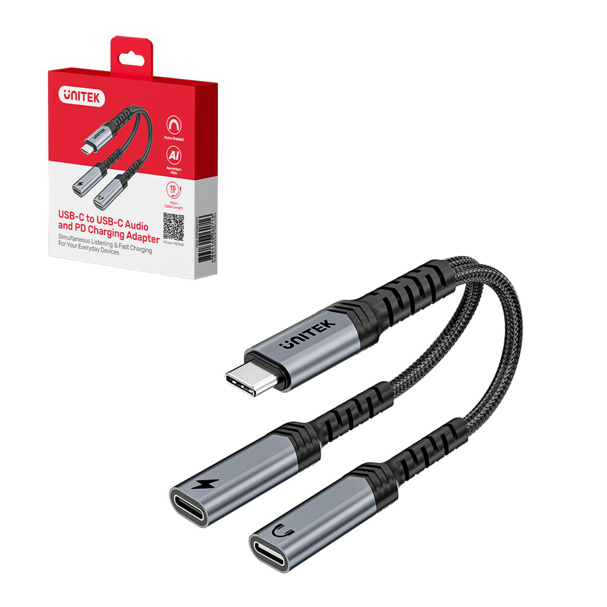 Unitek Adapter audio i ładowania PD USB-C do USB-C 15 cm