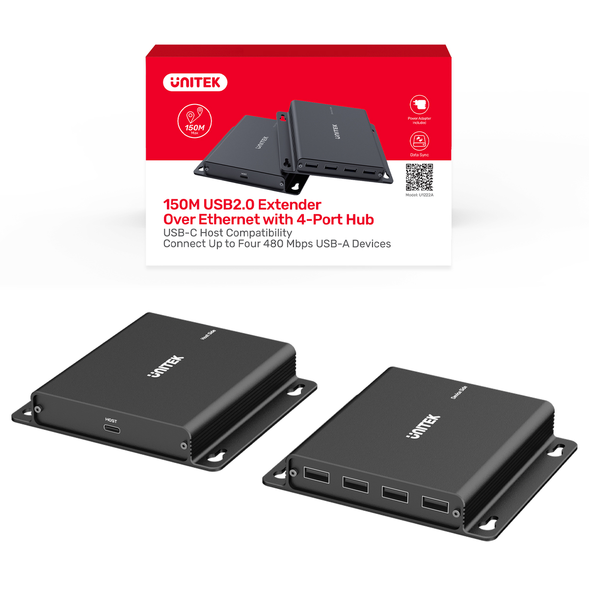 Unitek Przedłużacz USB-C na 4× USB-A przez Ethernet, zasięg do 150 m 480Mbps