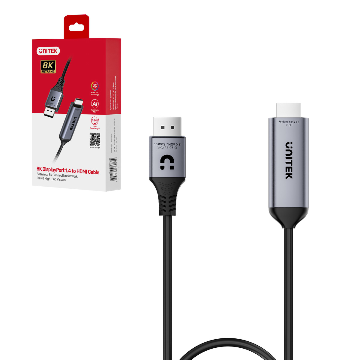 Unitek Kabel DisplayPort 1.4 na HDMI 2.1 | 8K@60Hz | HDR | DSC v1.2a | 1,8m