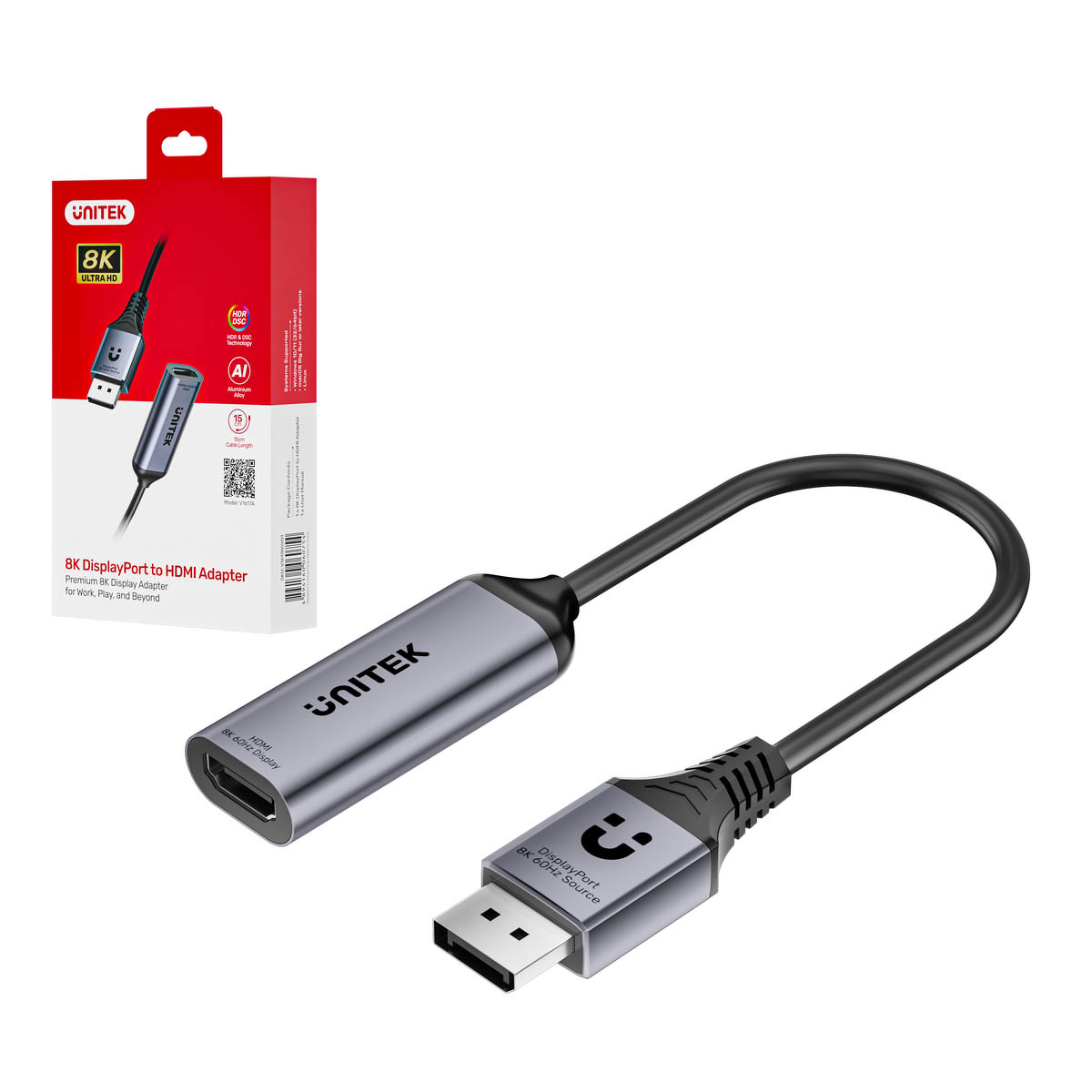 Unitek Adapter DisplayPort na HDMI 2.1 | 8K@60Hz | HDR | 48 Gb/s | 15cm