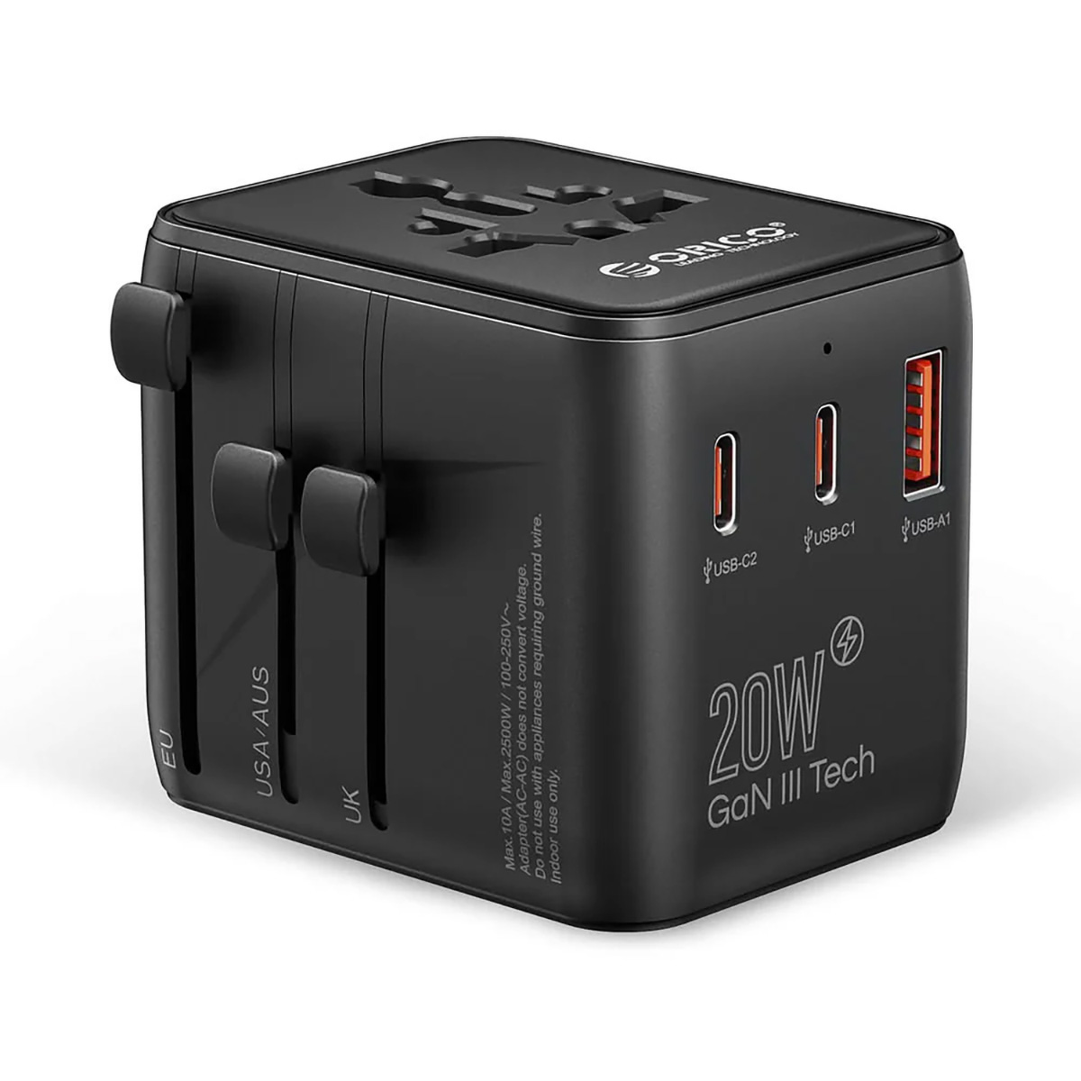 Orico Ładowarka podróżna, adapter sieciowy UK/EU/US/AU, 2x UBS-C 20W, USB-A