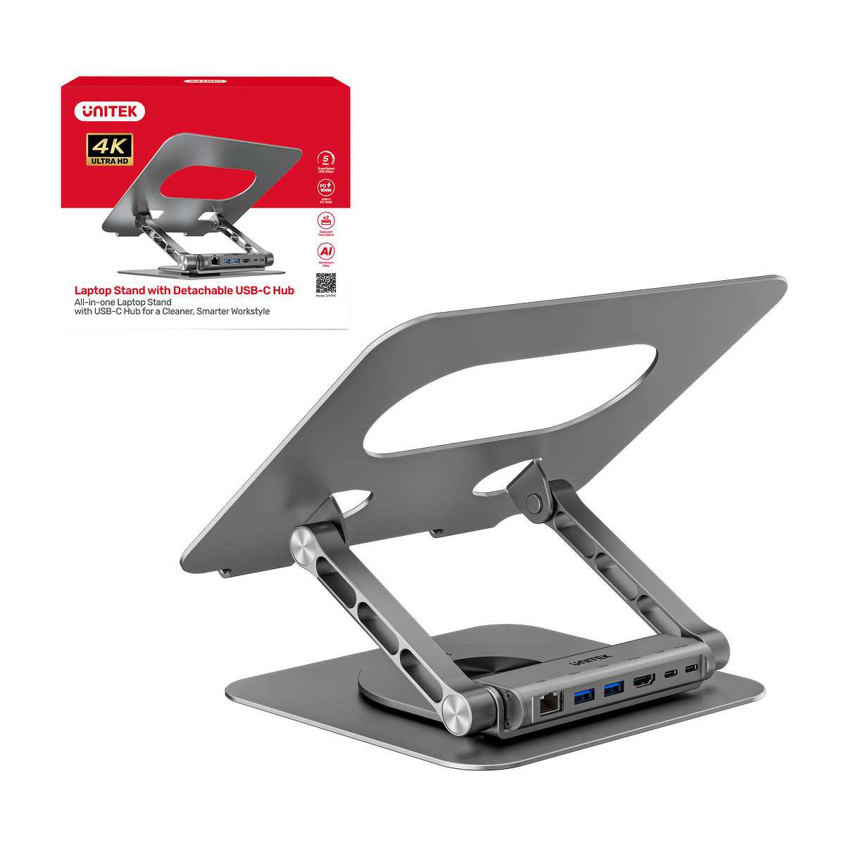 Unitek Podstawka pod laptopa z odłączanym hubem USB-C 5 w 1 | 2xUSB-A 5Gbps | HDMI 4K@60Hz | RJ45 | PD100W