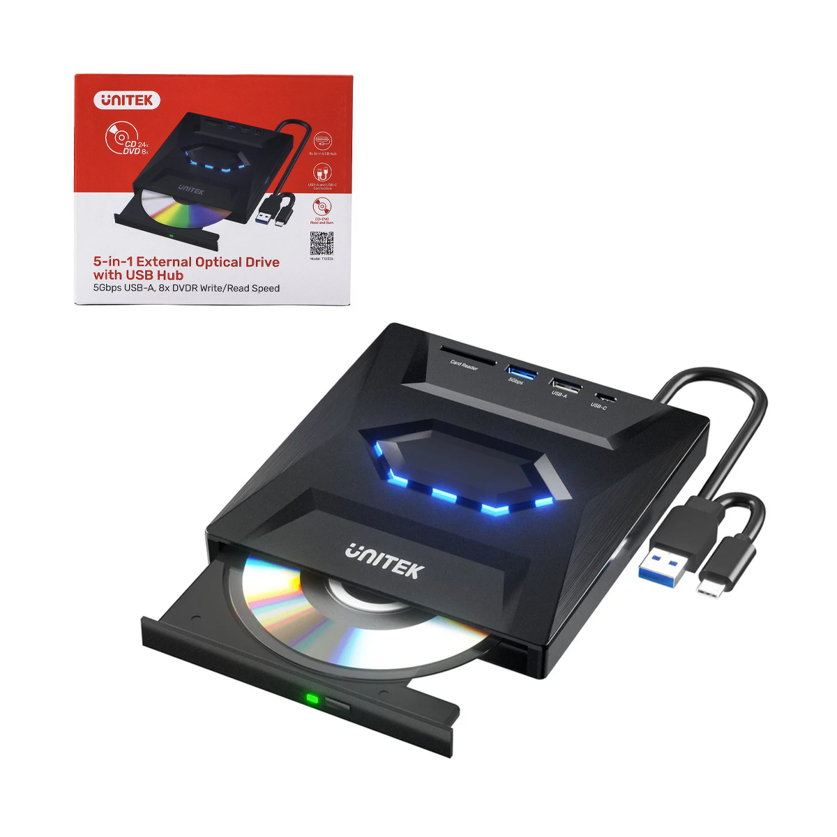Unitek Nagrywarka zewnętrzna DVD/CD, Hub USB 5Gbps, czytnik kart SD
