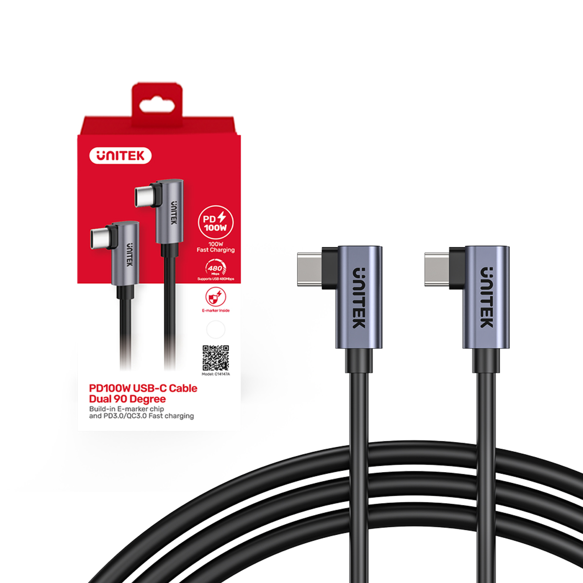 Unitek Kabel USB-C do USB-C, PD, 100W, 90 stopni, 1M