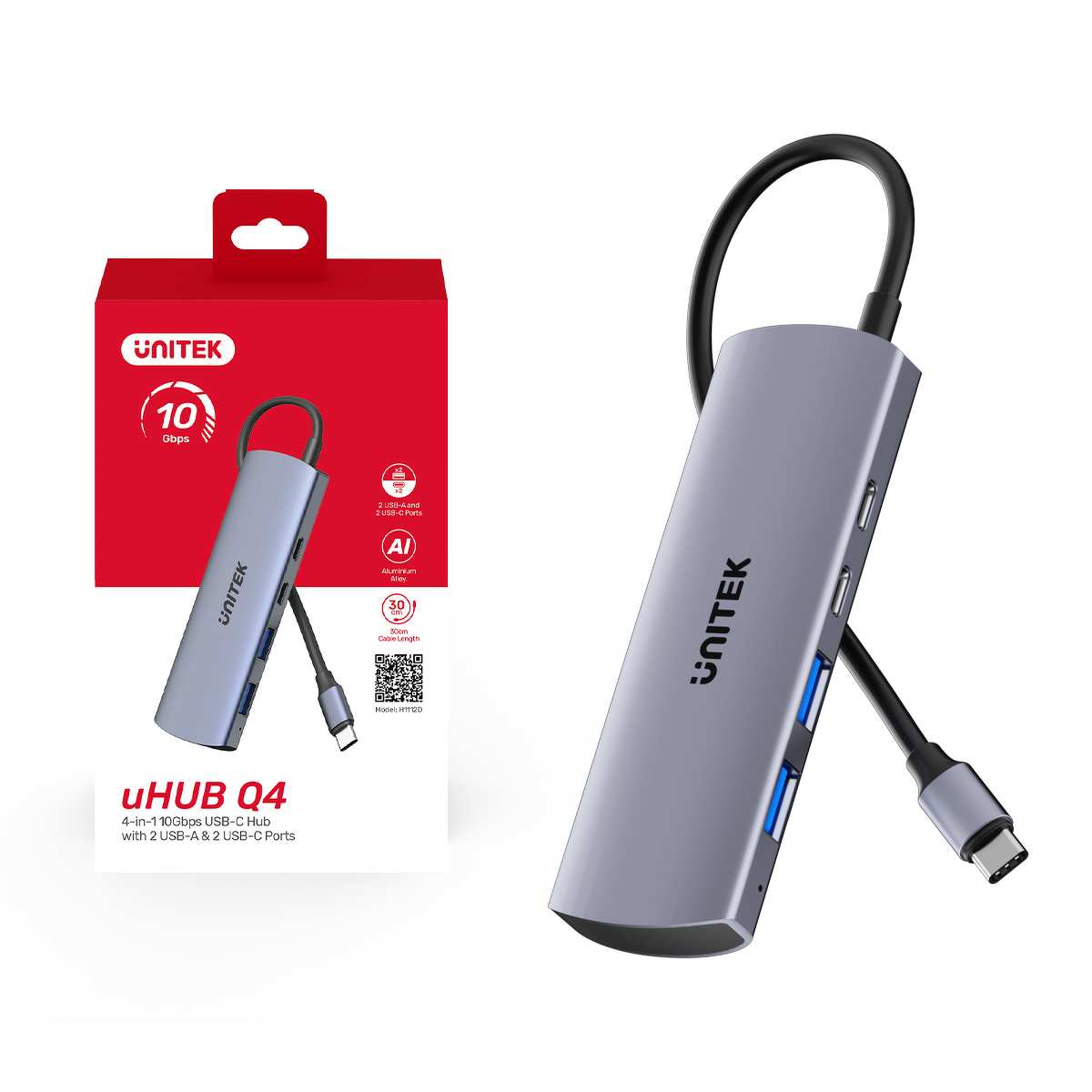 Unitek Hub 4w1 USB-C 10 Gbps, 2x USB-A i 2x USB-C H1112DGY01