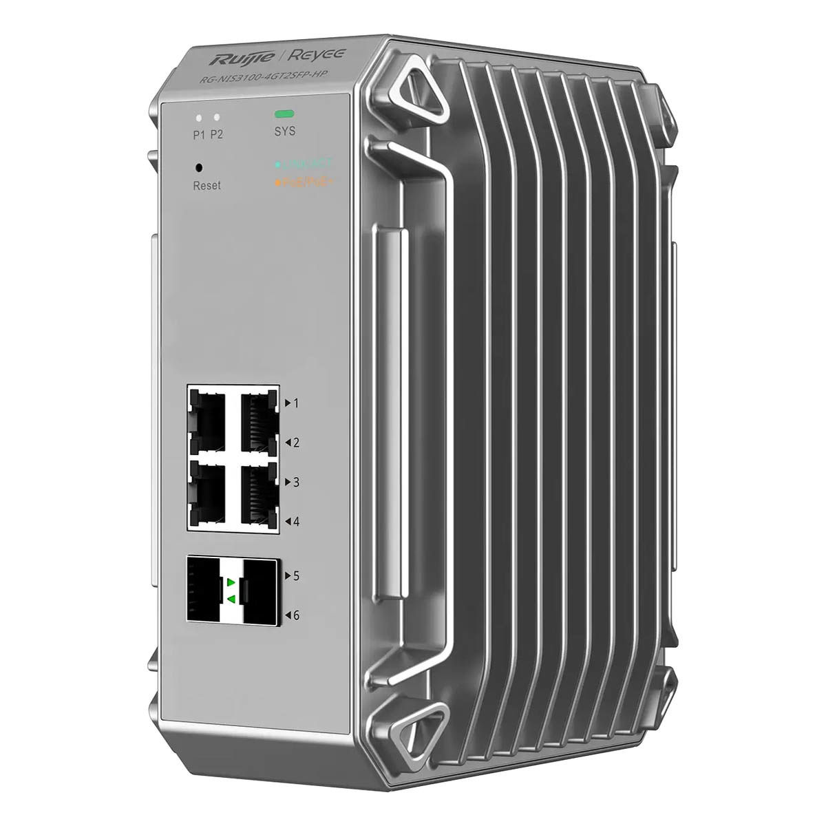 Ruijie Reyee RG-NIS3100-4GT2SFP-HP | Switch zarządzalny przemysłowy, 6 portów, 4xGE, 4xPoE, 120W, 2xSFP, L2, Cloud