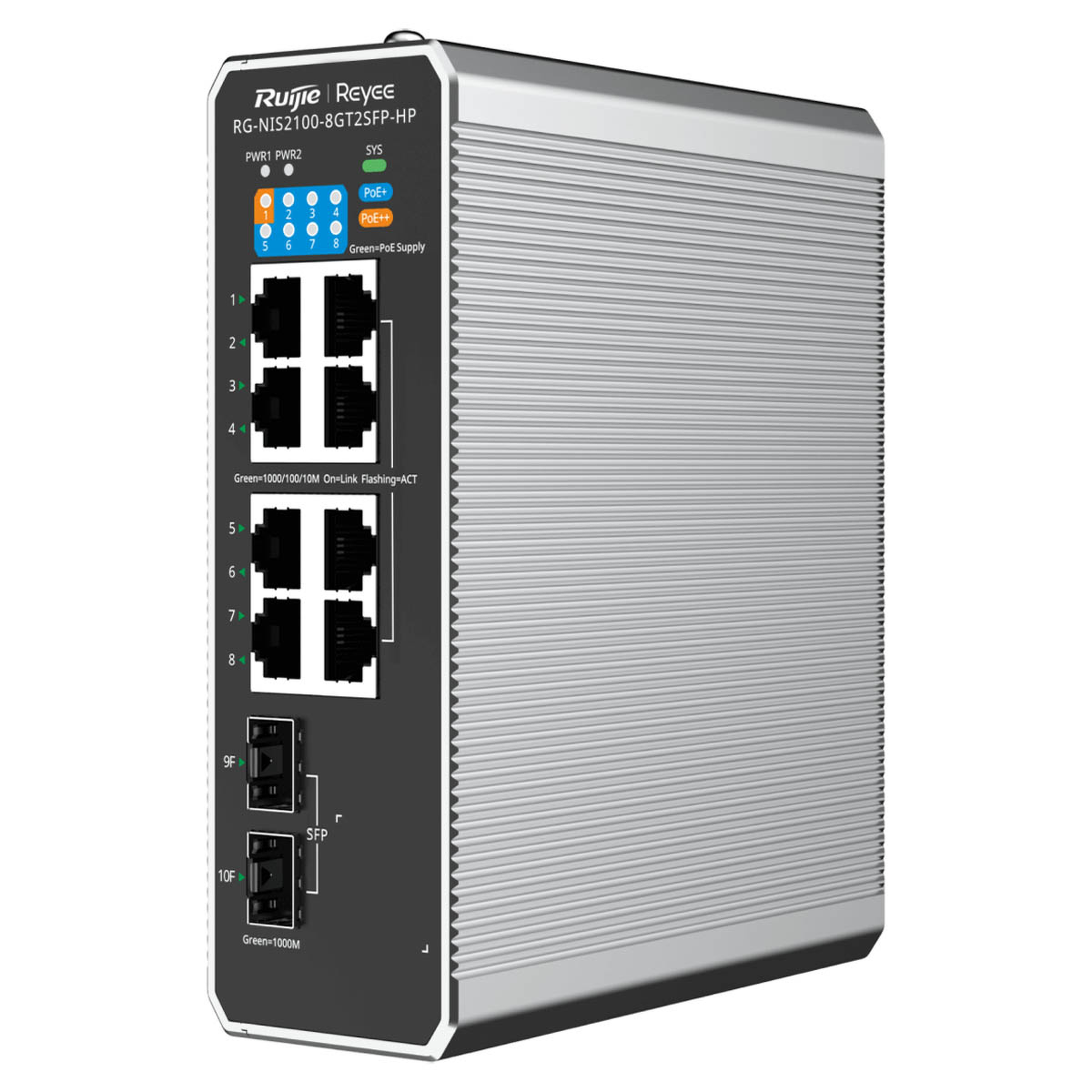 Ruijie Reyee RG-NIS2100-8GT2SFP-HP | Switch zarządzalny przemysłowy, 10 portów, 8xGE, 1xPoE++, 7xPoE+, 300W, 2xSFP, L2, Cloud