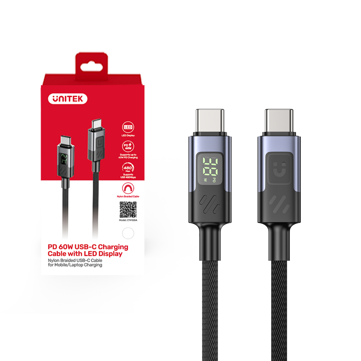 Unitek Przewód USB-C PD 60W 480Mbps z wyświetlaczem 3m z oplotem czarny