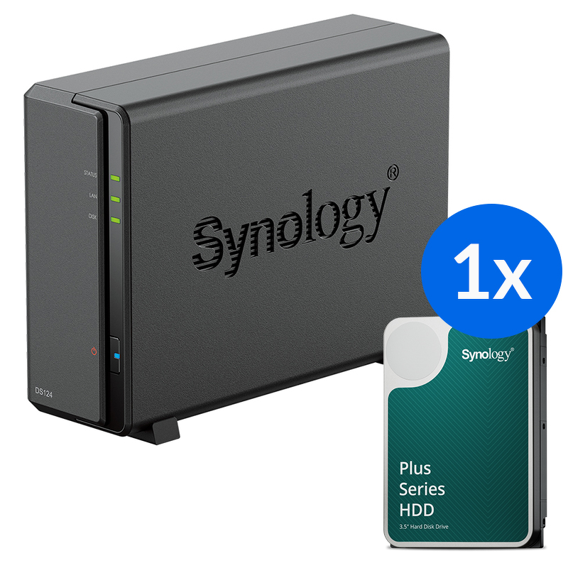 Synology DS124 /4T | 1-zatokowy serwer NAS w zestawie z dyskiem o łącznej pojemności 4TB, Tower