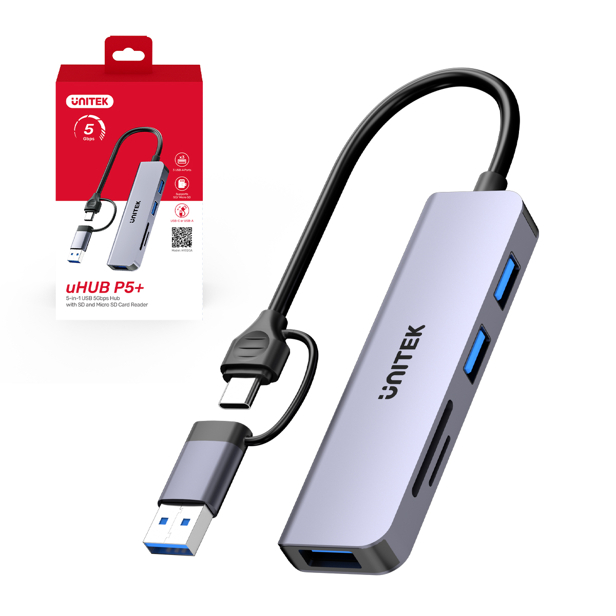 Unitek Hub 5w1 USB-A/C 5 Gbps z czytnikiem kart SD i micro SD