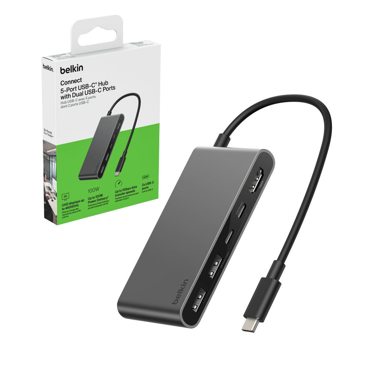 Belkin Hub USB-C, 2 x USB-A, 2 x USB-C PD 100W, HDMI 2.0 4K, 5Gbps, szary