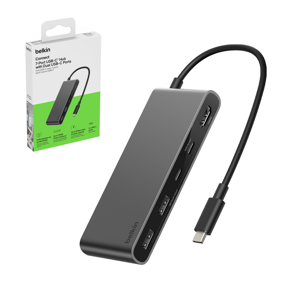 Belkin Connect Hub USB-C, 7 portów: 2 x USB-A, 2 x USB-C PD 100W, HDMI 2.0 4K, czytnik kart, szary