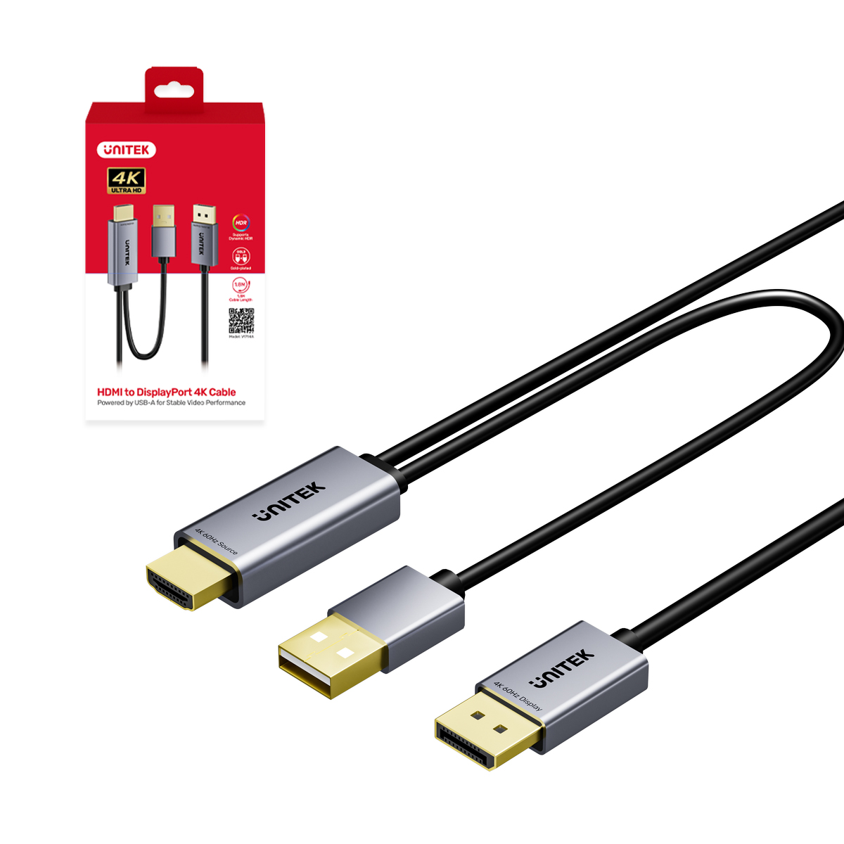 Unitek Kabel HDMI do DisplayPort 4K z zasilaniem USB-A | 4K@60Hz | HDR | 1,8 m