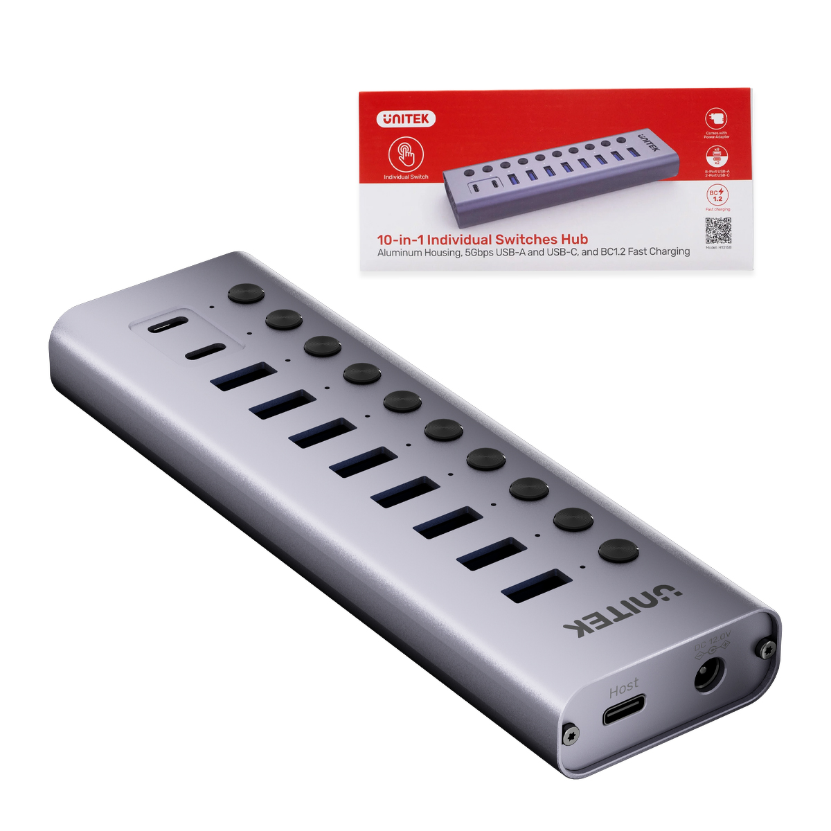 Unitek Hub USB C/USB A 10w1 5Gbps, 8x USB A, 2x USB C z włącznikami portów