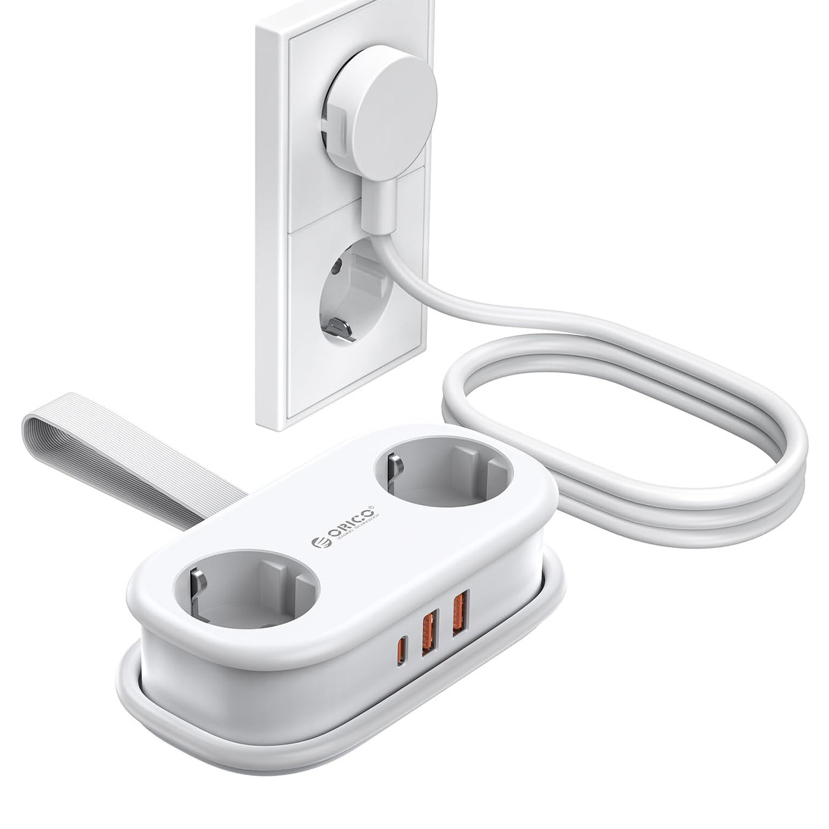 Orico Listwa zasilająca 2 x Schuko, 2 x USB-A, USB-C 20W, kabel 1,5m, biała