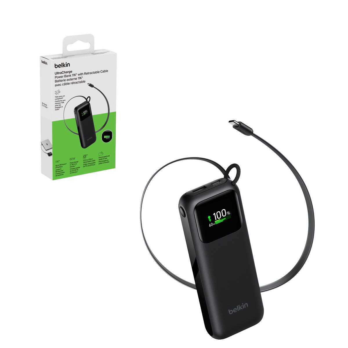 Belkin BPB041HQBK UltraCharge Powerbank 11 000 mAh z wysuwanym kablem USB-C, 60W, z wyświetlaczem