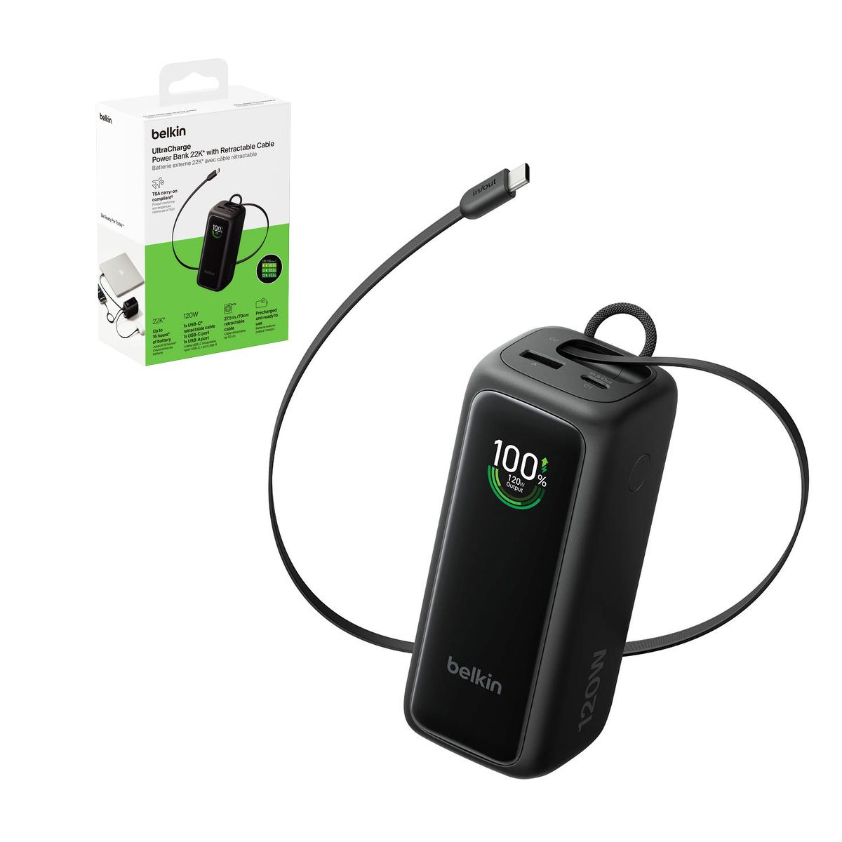 Belkin BPB042HQBK UltraCharge Powerbank 22 000 mAh z wysuwanym kablem USB-C, 120W, z wyświetlaczem