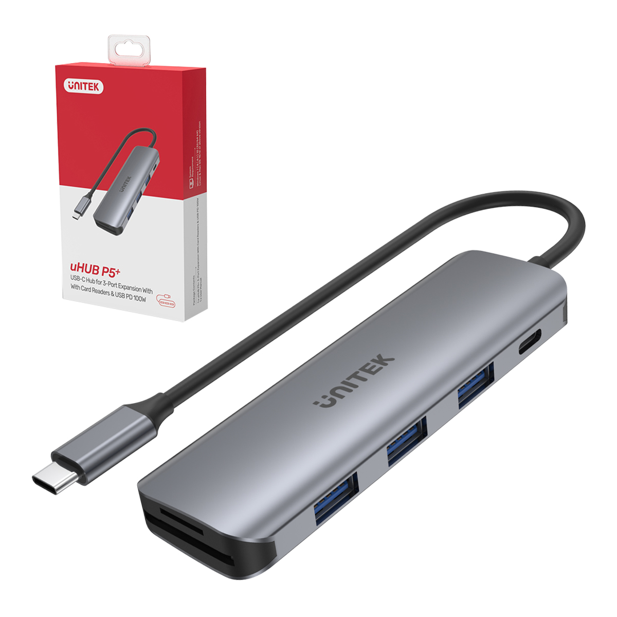 Unitek hub USB-C 3xUSB 3.1 Gen1 PD 100W SD microSD H1107C
